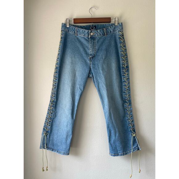 Y2K Capri Jeans with Green Cord Lace-Up – Size 12 - Picture 1 of 6